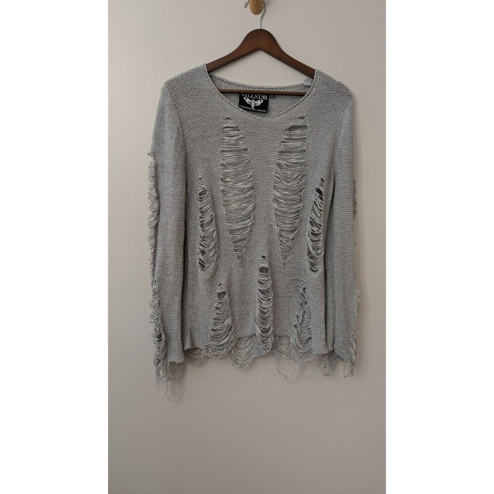 Killstar Womens Distressed Open Knit Sweater XL Goth Grunge Punk Witchy Gray